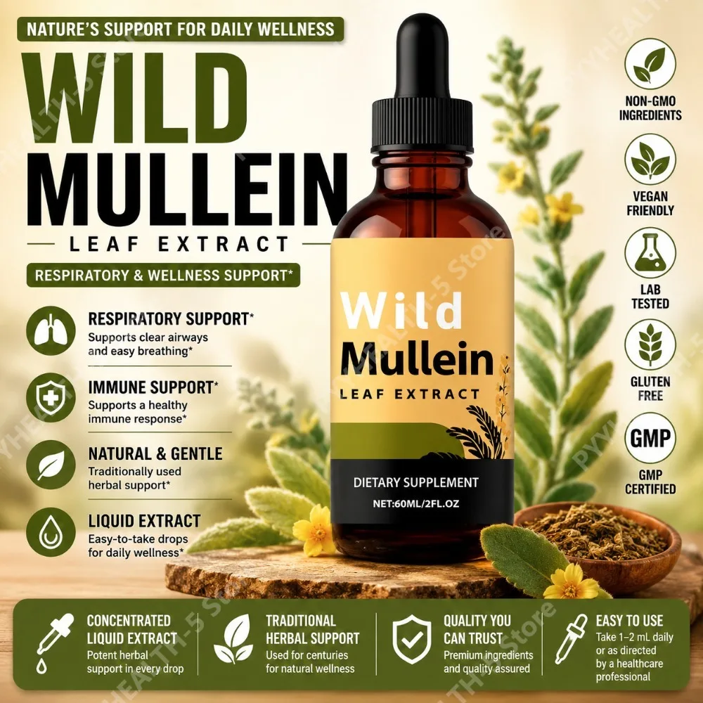 Herbal Wellness Liquid - ยาสมุนไพรสูตรน้ำหยดใบมัลลีนผสมขิง บรอมเอเลน และเปลือกมะนาว สำหรับเสริมสุขภาพประจำวันสำหรับผู้ใหญ่ 60 มล.