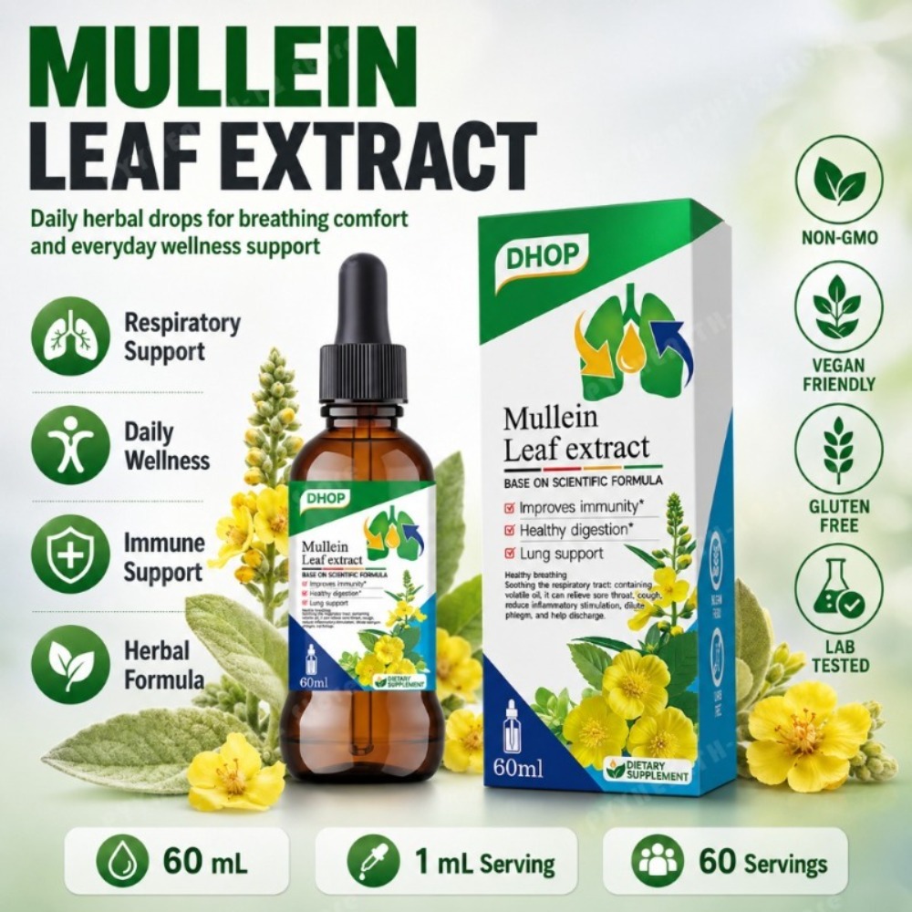 Herbal Wellness Liquid - สารสกัดจากใบมัลเลนแบบหยด 60 มล. อาหารเสริมสมุนไพรชนิดน้ำ ผสมรากชะเอมเทศและรากอัสตราการาลัส บำรุงสุขภาพประจำวันสำหรับผู้ใหญ่